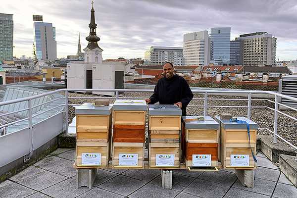 Das Bild zeigt Pater Provinzial Saji Mullankuzhy mit Bienenstöcken auf dem Dach des Wiener Krankenhauses.