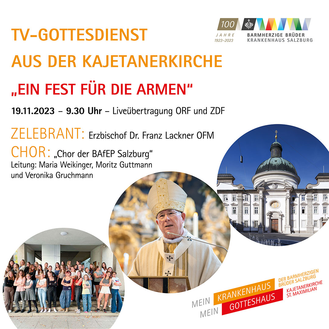 Das Bild zeigt die Ankündigung für den TV-Gottesdienst in der Salzburger Kajetanerkirche am 19.11.2023.