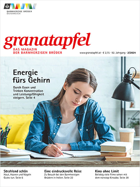 Das Bild zeigt das Cover des Magazins Granatapfel mit einer Frau am Schreibtisch.