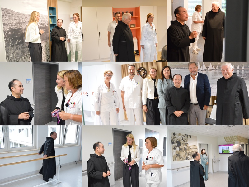 Hausrundgang Collage / EKH Bei seinem Rundgang durch das Krankenhaus begrüßt Frater Antonius die Mitarbeitenden und führte interessante Gespräche