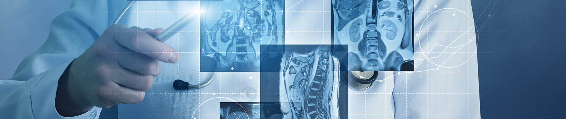 Doctor sees virtual images of the patient on a blue background.