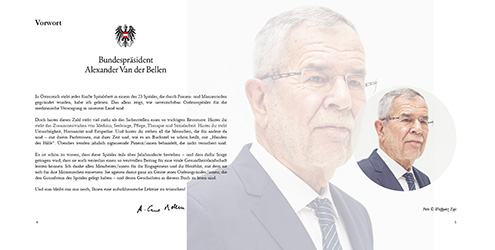 Das Bild zeigt das Buch „Gesichter des Glaubens – Hände der Hilfe“ – Vorwort von Bundespräsident Dr. Van der Bellen.