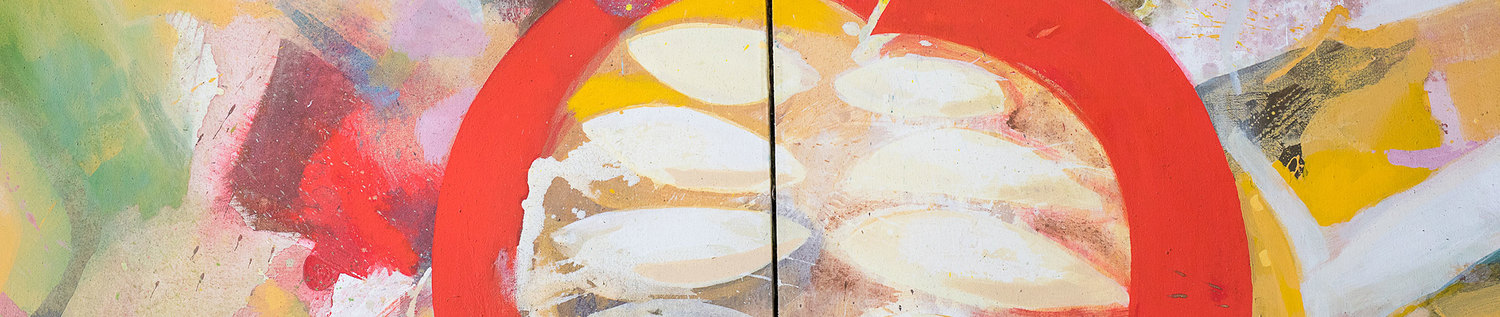 Das Bild zeigt einen Ausschnitt aus einem Wandgemälde mit einem stilisierten aufgeschnittenen Granatapfel.