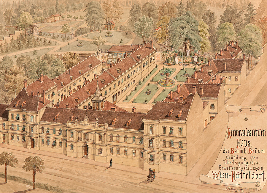 Ein Heim in Hütteldorf-Granatapfel-Jahrbuch-2025-Barmherzige-Brueder-Oesterreich / Barmherzige Brüder/Granatapfel Historische Darstellung des Rekonvaleszentenheims nach der Erweiterung 1895/96