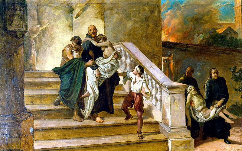 Das Bild zeigt wie Johannes von Gott Kranke aus dem brennenden Königlichen Hospital in Granada rettet.