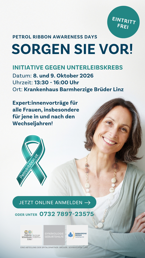 Die Petrol Ribbon Awareness Days finden am 8. und 9. Oktober jeweils von 13:30 Uhr bis 16:00 Uhr im Seminarzentrum des Krankenhauses der Barmherzigen Brüder Linz statt. Der Eintritt ist frei. Anmeldung erbeten unter 0732 78 97-23575 oder www.petrolri