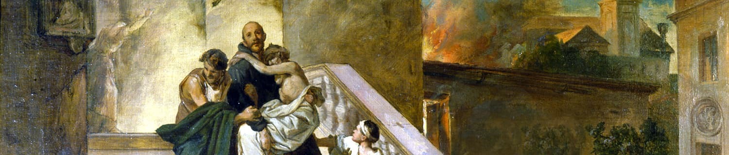 Das Bild zeigt Johannes von Gott, wie er einen Menschen aus dem Königlichen Hospital in Granada. rettet