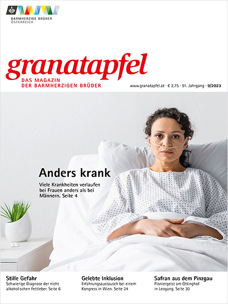 Das Bild zeigt das Cover des Granatapfel Magazins 9/2023 mit einer Frau im Krankenbett.
