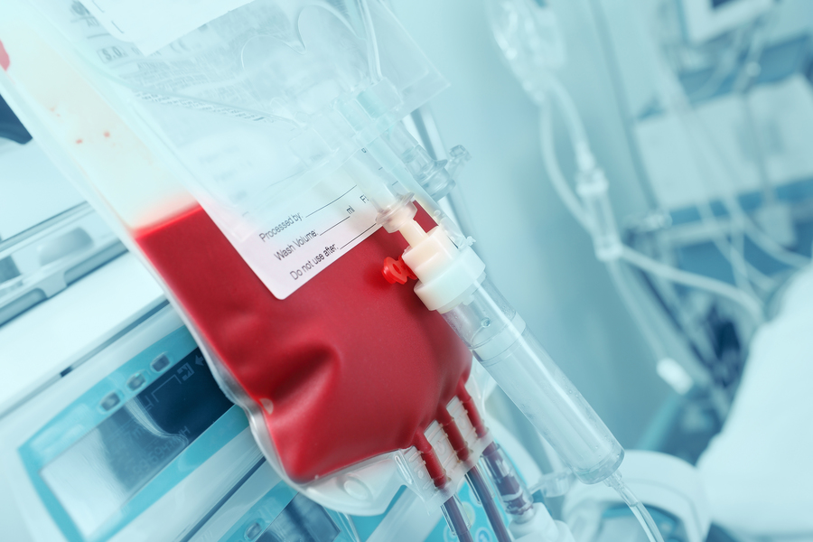 Blood for transfusion on a background of intensive care units equipment