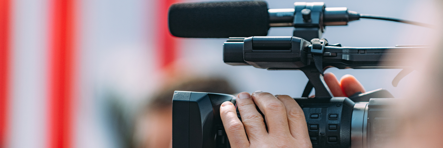 Professional digital video cameras recording media event. Live streaming concept