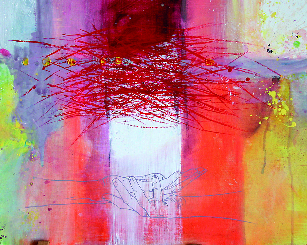 Abgebildet ist ein Ausschnitt eines Gemäldes, das in der Aula des Krankenhauses aufgehängt ist. 