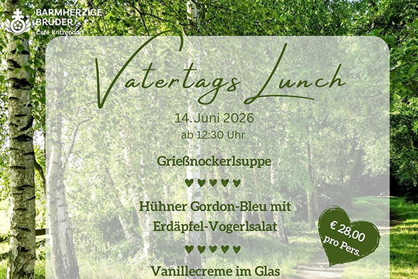 Das Bild zeigt ein Werbe-Plakat für ein Mittagessen am 14. Juni 2026 im Café Barmherzige Brüder in Kritzendorf.