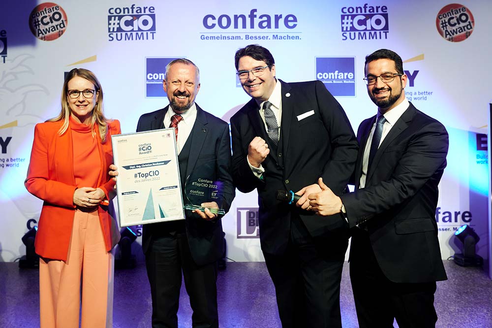 Dr. Margarete Schramböck, Bundesministerin für Digitalisierung und Wirtschaftsstandort, DI Christian Neubauer, CIO Barmherzige Brüder Österreich, Mag. Michael Ghezzo, Grunder und GF von CONFARE, Mag. Ali Aram, Partner bei Ernst & Young