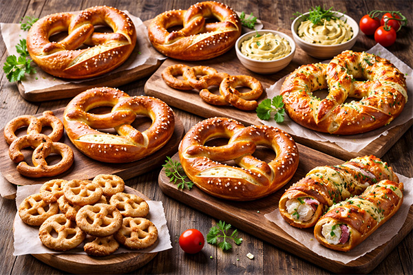 Bunte Brezelvielfalt auf rustikalem Tisch