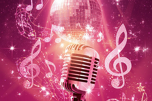 Mikrophon, Musiknoten, Spiegelkugel und Sterne in rosa und gold Farbtönen