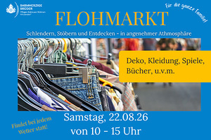 Ein Flohmarkt mit einer Auswahl an Dekorationsgegenständen, Kleidung, Spielsachen und Büchern wird beworben.