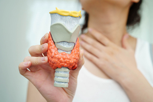 Hyperthyroidism, Overactive Thyroid, Thyroid Lymphoma, Asian woman with thyroid gland human anatomy model.