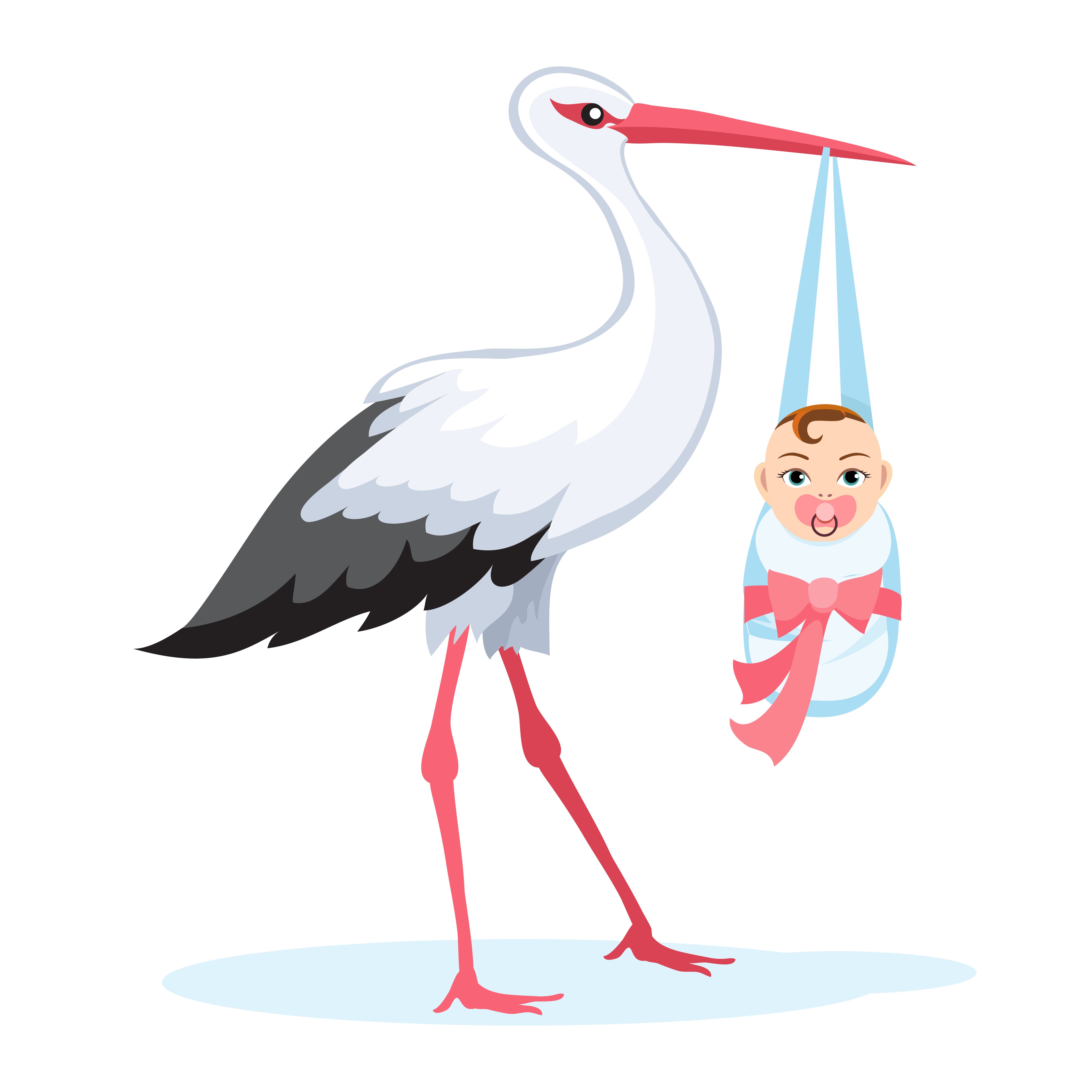 Stork carrying in baby in bundle isolated on white. Vector illustration