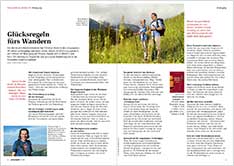 Das Bild zeigt den Artikel 'Glücksregeln fürs Wandern' im Granatapfel-Magazin der Barmherzige Brüder, Ausgabe 9-2021.