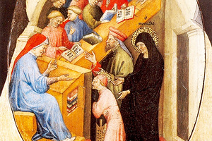 Der heilige Augustinus wird von der heiligen Monika in die Schule geführt, vom venezianischen Maler Niccolò di Pietro (1413–15)