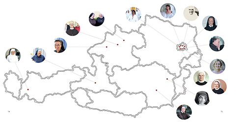 Das Bild zeigt das Buch „Gesichter des Glaubens – Hände der Hilfe“ – Standorte der 23 Ordensspitäler