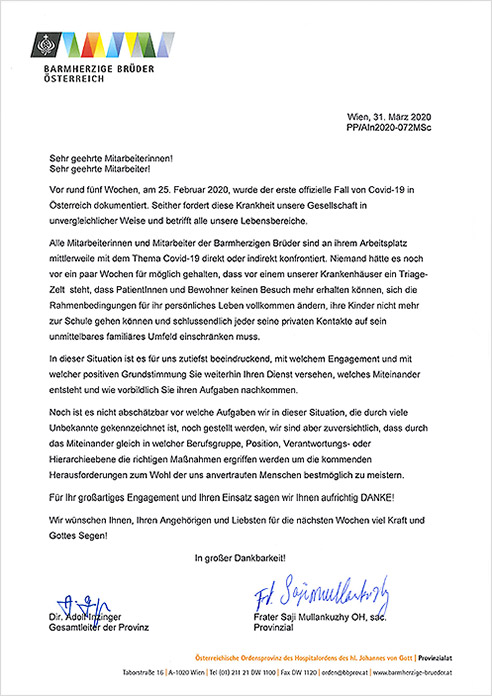 Dankschreiben an die MitarbeiterInnen / Barmherzige Brüder Das Bild zeigt ein Dankschreiben an die MitarbeiterInnen.