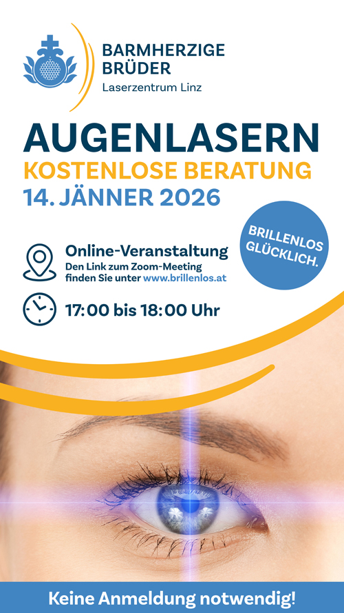 Kostenlose Online-Infoveranstaltung zum Thema Augenlasern am 14.01.2026 von 17 bis 18 Uhr. Den Link zum Online-Meeting finden Sie unter www.brillenlos.at