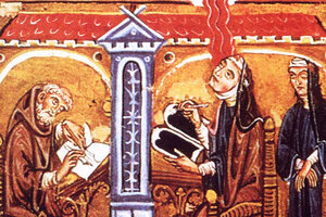 Die heilige Hildegard von Bingen empfängt die göttliche Eingebung und verfasst den Lucca-Kodex.