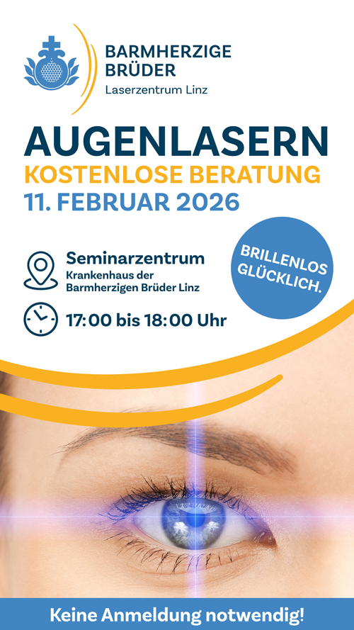 Kostenlose Infoveranstaltung zum Thema Augenlasern am 11. Februar 2026 von 17 bis 18 Uhr. Ort: Seminarzentrum, Krankenhaus der Barmherzigen Brüder Linz