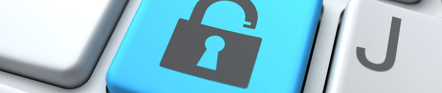 Das Bild zeigt eine Computertastatur mit einer blauen Taste auf der ein Sicherheitsschloss abgebildet ist.