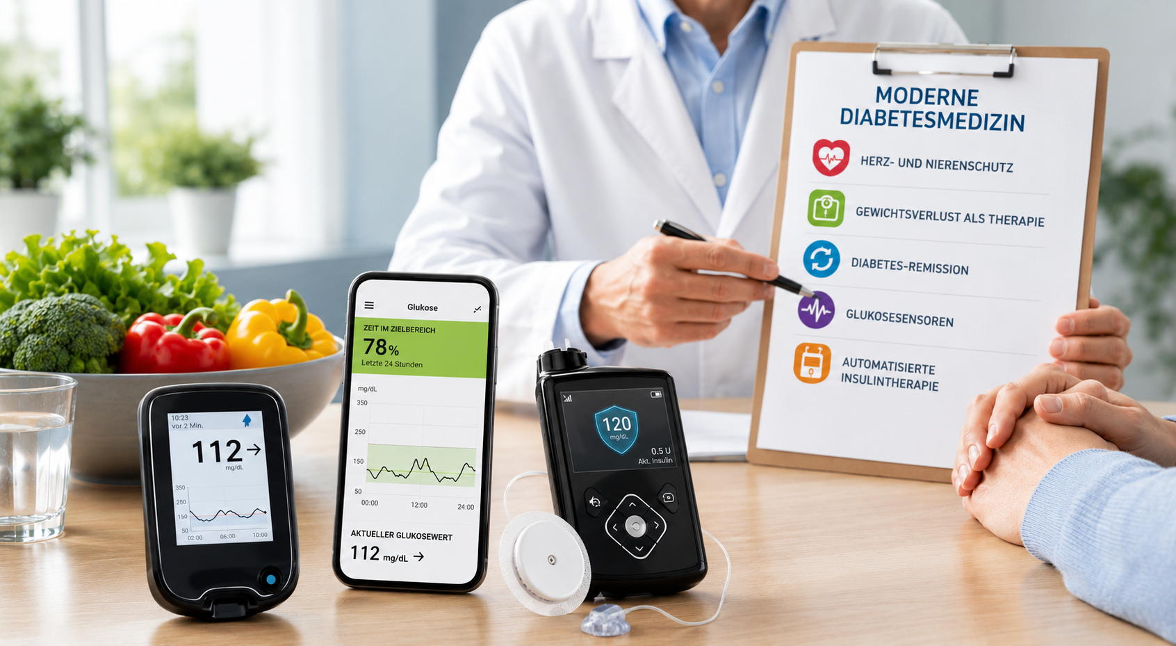 Moderne Diabetestherapie / Symbolbild Moderne Diabetesmedizin geht heute weit über die reine Blutzuckerkontrolle hinaus. Innovative Medikamente, kontinuierliche Glukosemessung und intelligente Insulinpumpen tragen dazu bei, Herz und Nieren zu schützen, das Gewicht positiv zu beeinflussen