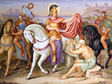 Saint Martin of Tours cuting a piece of his cloak for a beggar, fresco in the Saint Martin church in Unteressendorf, Germany