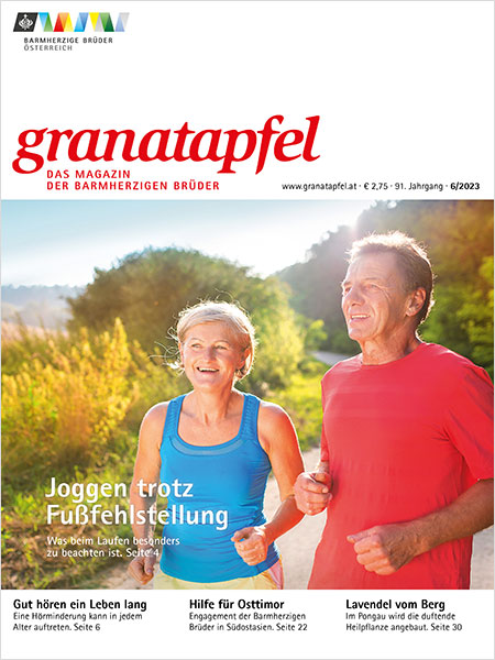 Das Bild zeigt das Cover des Granatapfel Magazins 6/2022 mit zwei Joggern.