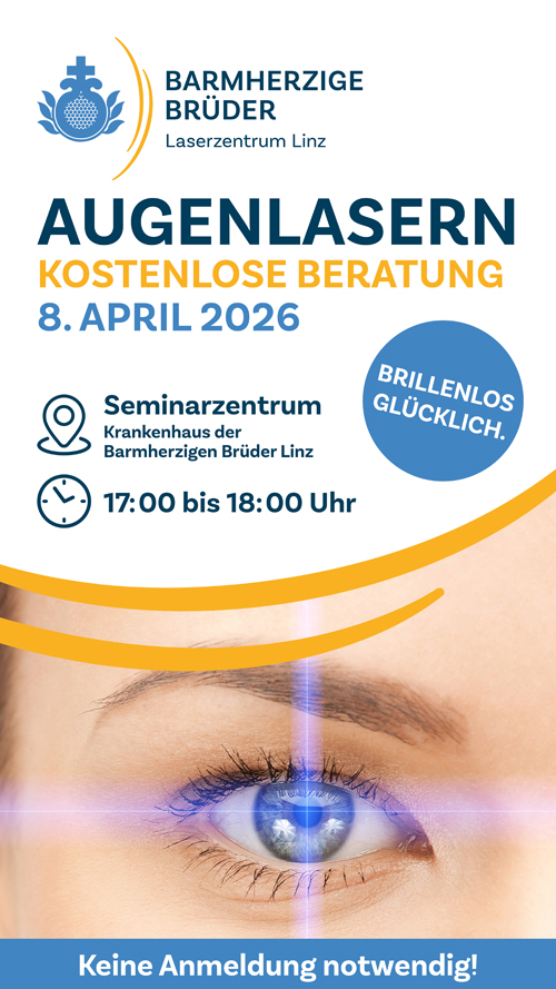 Informationsveranstaltung zum Thema Augenlasern am 08.04.2026 um 18 Uhr im Seminarzentrum des Krankenhauses der Barmherzigen Brüder Linz.