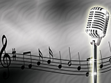Illustration of microphone and musical notes on a white background