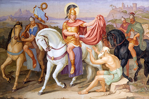 Saint Martin of Tours cuting a piece of his cloak for a beggar, fresco in the Saint Martin church in Unteressendorf, Germany