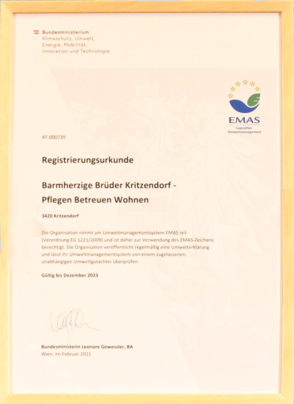 Das Bild zeigt die EMAS Urkunde des Ordenswerkes in Kritzendorf.