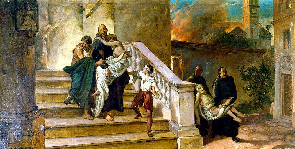 Johannes von Gott rettet eine Person aus dem brennenden Königlichen Hospital in Granada.