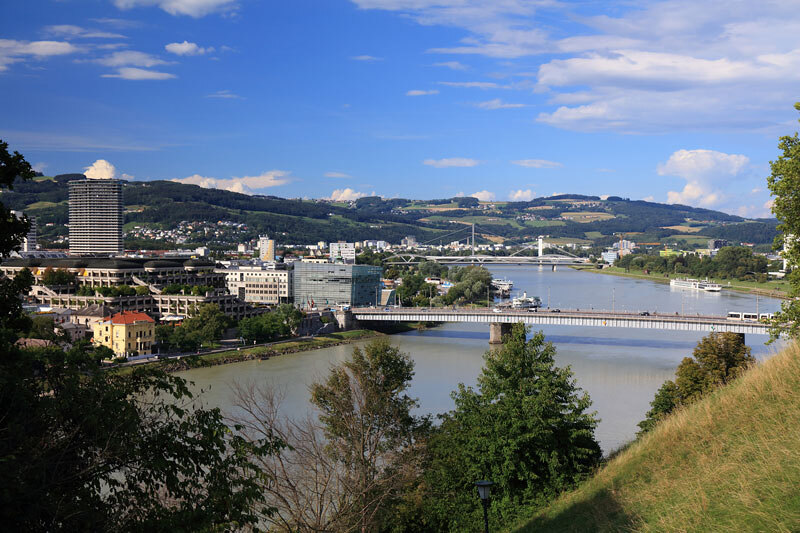 Linz city view with danube river